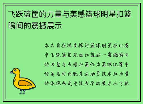 飞跃篮筐的力量与美感篮球明星扣篮瞬间的震撼展示