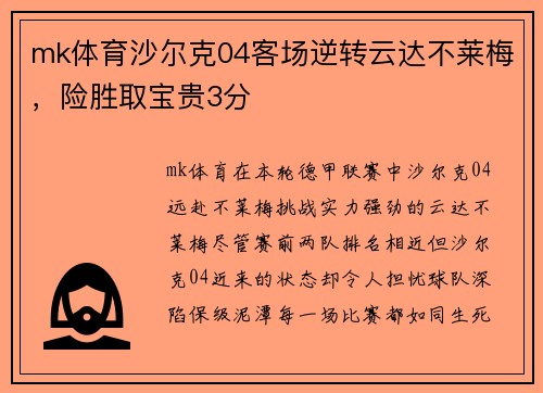 mk体育沙尔克04客场逆转云达不莱梅，险胜取宝贵3分